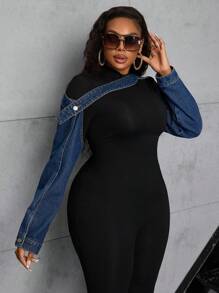 SHEIN SXY Chaqueta vaquera de talla grande para mujer con hombros descubiertos y mangas dobles