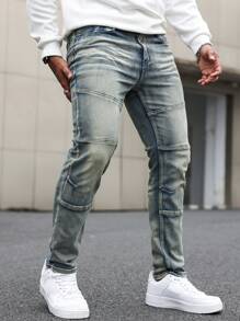 Manfinity Homme 男士休闲简约多口袋设计牛仔裤蓝色修身仿旧深色洗水牛仔裤，适合丈夫、男朋友的礼物 - 藍色 - 查看 6