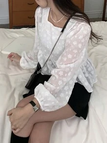 DAZY Blusa blanca de manga larga con cuello cuadrado holgada y estampado jacquard de unicolor para mujer, primavera/verano