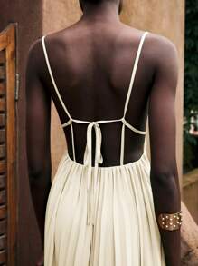 Maija 女士白色装饰百搭现代都市休闲度假沙滩装，宽松设计亚麻色衬衫领褶裥中长连衣裙 - 米色 - 查看 11