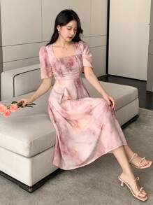 DAZY Đầm nữ dáng lửng tay phồng, họa tiết tie-dye màu nước, đầm thu tay dài họa tiết hoa. - Hồng - Xem 6