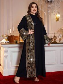 Al Najma Plus Size New Elegant Stand Collar Long Sleeve Pearl Embroidered Luxury Women Robe, Modest - Black - View 5