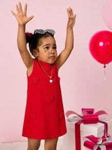 Gaun Pendek Sederhana Tanpa Lengan dengan Pinggiran Berkerut Warna Polos untuk Bayi Perempuan - Merah - View 5