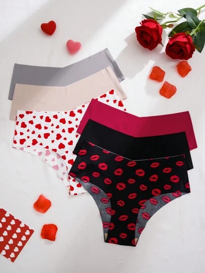 SHEIN 6pcs Pack Casual Heart & Lip Print Solid Color Seamless Panties, For Gifts, Valentine's Day Lingerie
