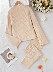 SHEIN Teen Girls' Asymmetrical Rib Knitted Long Sleeve Thermal Top And Pants 2Pcs Underwear Set, Apricot