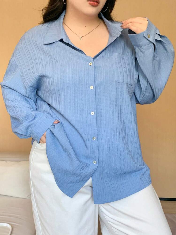 Dazy Plus Plain Collar Loose Basic Long Sleeve Shirt, Spring/Summer/Autumn,Fall Women Clothes