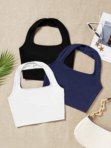 SHEIN EZwear 3 件女式黑色、白色、蓝色无袖露背短款上衣，休闲修身款式，适合夏季 - 彩色 - 查看 3