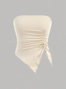 SHEIN Girlism Conjunto de 2 piezas para adolescentes: Top corto con pliegues y bajo asimétrico y pantalones acampanados para Año Nuevo - Albaricoque - Ver 4