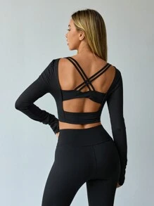 Hanevo Áo thun thể thao yoga chuyên nghiệp hở lưng cho nữ có lỗ xỏ ngón cái, tay dài lửng - màu đen - Xem 2