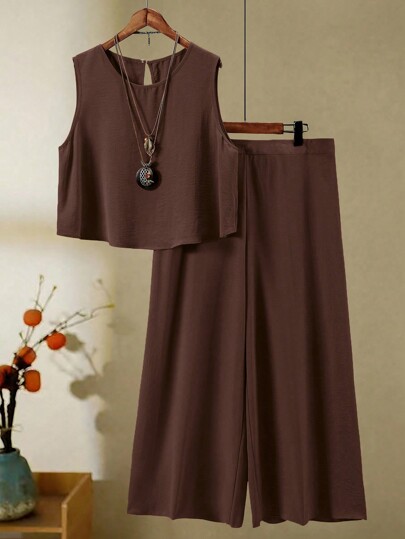 Conjunto de 2 Peças Plus Size Feminino, Colete e Calça Sem Mangas em Cor Sólida, Texturizado