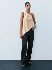 Maija Women's Apricot Asymmetrical Cut Pleated Sleeveless Casual Top, Business Casual Office Wear, Off Shoulder Blouse
