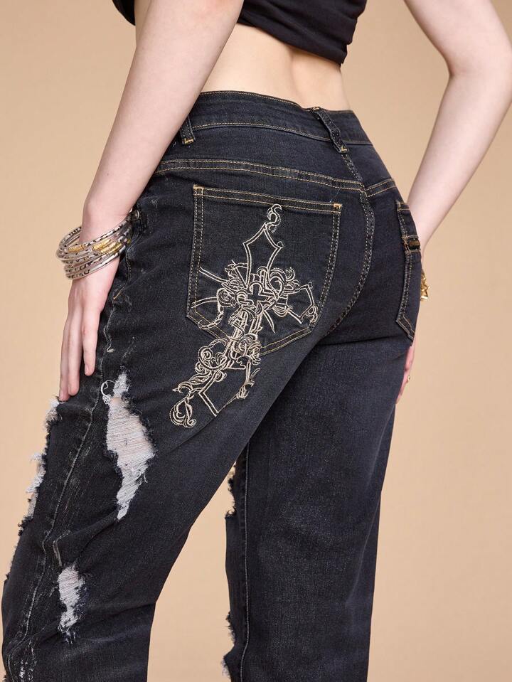 Our Grunge Punk Women's Ripped Distressed Cross Embroidery Skinny