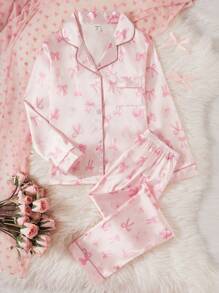 SHEIN 2 件套 Tween 女孩可爱蝴蝶结印花翻领开衫搭配休闲裤，舒适家居服