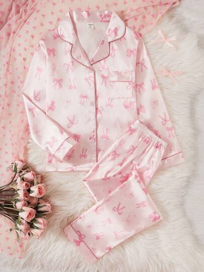 SHEIN 2st/set Tween flickor Söt rosett jacka med kavajbyxor, bekväma loungekläder