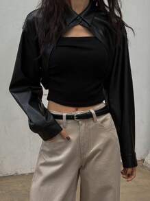 DAZY 女士纯色前扣长袖休闲 PU 皮夹克，日常穿着，秋季服装 - 黑色 - 查看 2