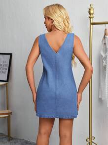 SHEIN Tall Vrouwen V-hals Mouwloos Kort Casual Denim Jurk