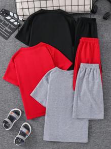 6pcs/Set Tween Boys Casual Varsity Letter Graphic Crew Neck Loose T-Shirt & Shorts 2 Pieces Set, 3 Designs, Suitable For School, Garden, Beach, Birthday, Spring/Summer/Autumn/Winter