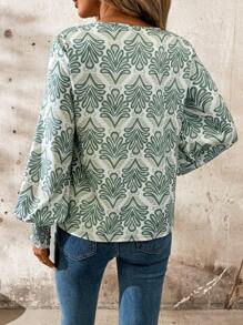 SHEIN Clasi Damen Grün Blumenmuster V-Ausschnitt Langarm Loose Bluse, Herbst Langarm Top Urlaubsoutfit Frauen Langarmhemd - Grün - Übersicht 2