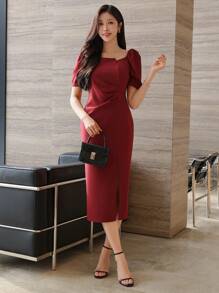 DAZY Vestido midi elegante de color liso con volantes asimétricos y abertura lateral para mujer, vestido de cóctel elegante