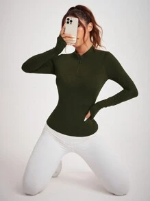 Women's Solid Color Zipper Half Placket Long Sleeve Breathable Yoga Sports Sweatshirt With Open Back - Army Green - View 5