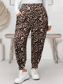 EMERY ROSE Plus Size Women's Leopard Print Ruched Ankle Casual Baggy Pants,Spring