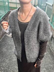 FRIFUL 女士前拉链短袖简约毛衣背心，休闲日常穿着，秋季服装 - 灰色 - 查看 1
