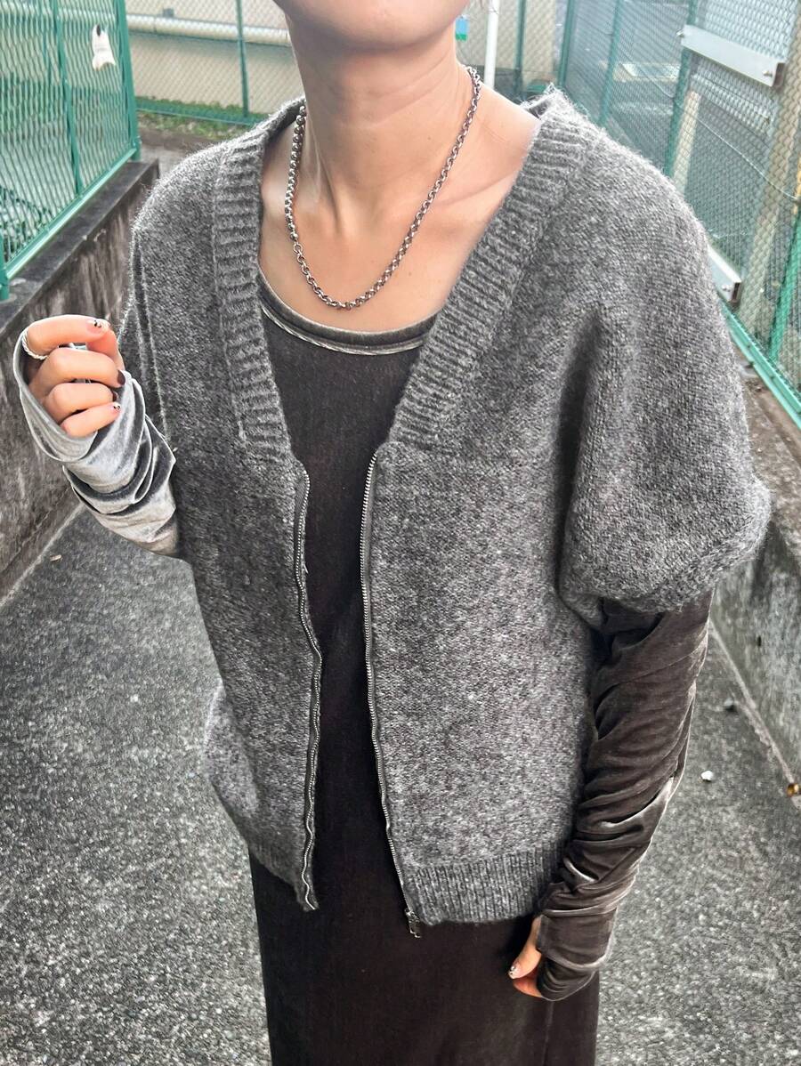 FRIFUL 女士前拉链短袖简约毛衣背心,休闲日常穿着,秋季服装 - 灰色 - 查看 1