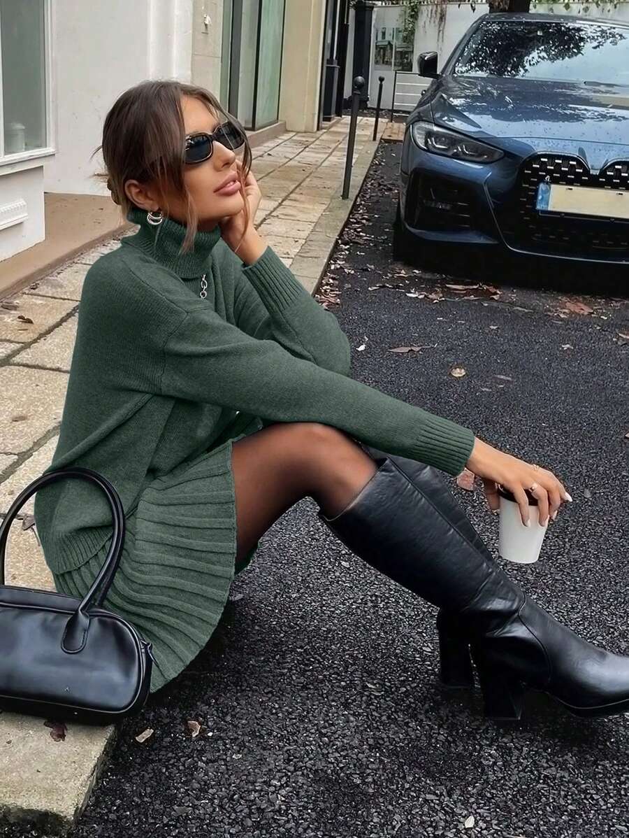 SHEIN PETITE 2pcs Set Gray Turtleneck Loose Comfortable Long Sleeve - Green - View 1