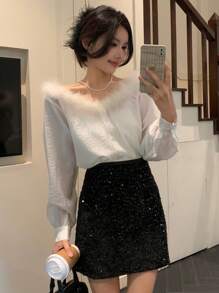 DAZY 女士休闲羽毛纯色长袖衬衫，秋装 - 白色 - 查看 5