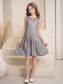 SHEIN Tween Girls Rochie cu mâneci fără mâneci cu decolteu în dungi, Rochie de birou montată pentru navetă, Rochie de cocktail șic pentru petrecerea de aniversare/Ziua Îndrăgostiților în fiecare zi