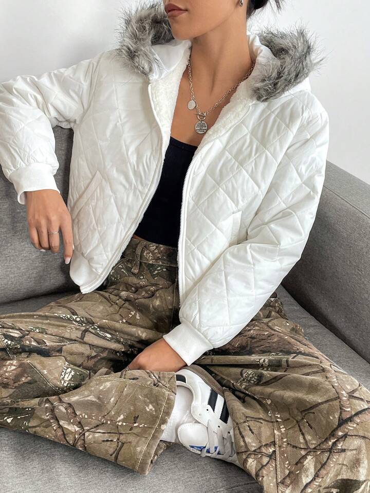 【ねこつん】shein ファー付き ショート丈ジャケット Sleek And Cozy Faux Leather Puffer Jacket | Windsor