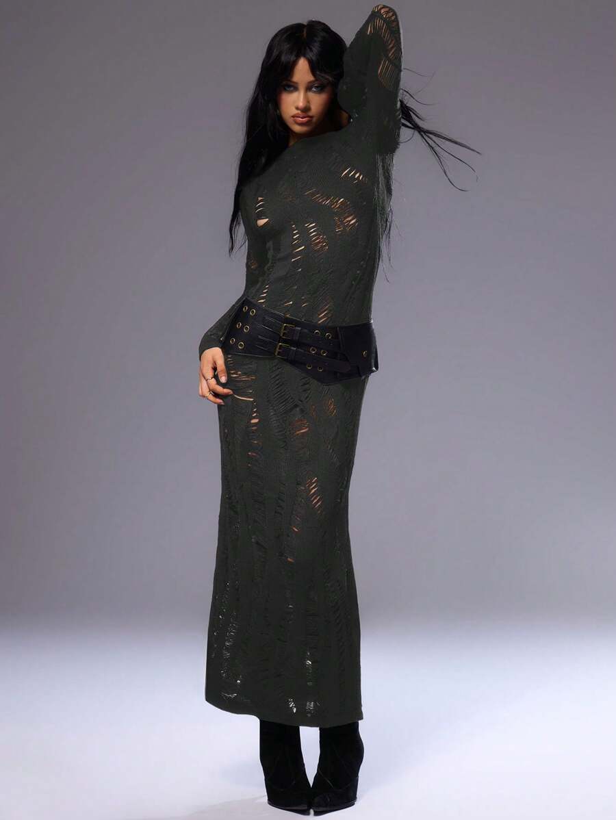 MUSERA Long Sleeve Distress Knit Maxi Dress Elegant Spring Sexy Cute Boho Beach Vacation Evening Party Elegant - Dark Grey - View 1
