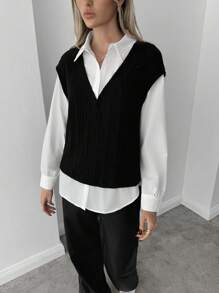 SHEIN Essnce Blusa 2 en 1 con mangas linterna de hombros caídos, blusas de manga larga - Blanco y Negro - Ver 4