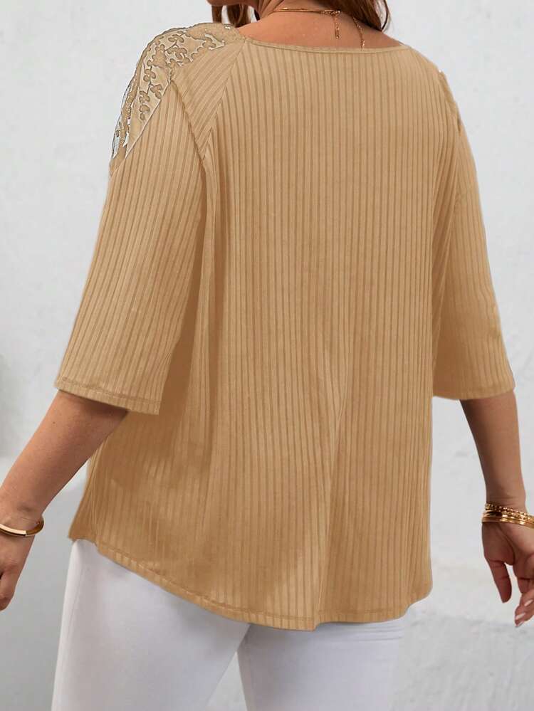 Plus Size Women's Teacher Clothes Loose Fit Mesh Contrast 3/4 Sleeve T-Shirt, Spring/Summer