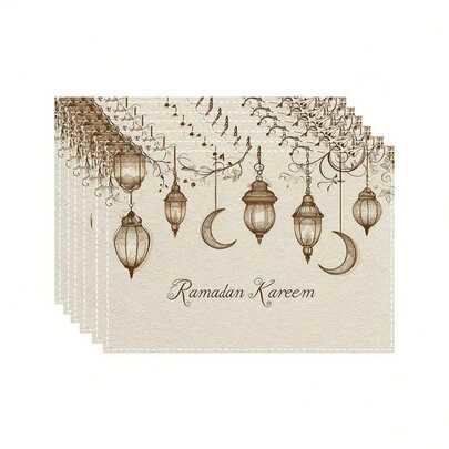 4 件/6 件斋月吉祥灯笼和月亮图案，可机洗涤纶餐垫，耐热、耐脏、耐热、防水且易于清洁的餐垫、餐桌装饰、节日派对布置、桌面保护，可用作礼物