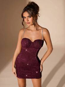 SHEIN BAE Vestido de fiesta con volantes asimétricos y lentejuelas sólidas de plata, sexy, elegante y dulce, ideal para fiestas con cócteles, citas románticas, vestido de punto para otoño/invierno, reuniones, ocasiones formales, vestidos de dama de honor, salidas nocturnas, Halloween, Navidad