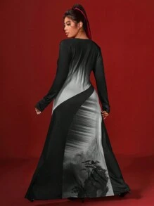 SHEIN VCAY Plus Size Black Splicing Ink Painting Print Square Neck Long Sleeve Dress,Elegant Formal Dinner Evening Autumn New Chinese Style Oriental A-Line Knit - Multicolor - View 2