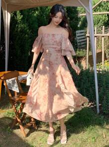 DAZY Vestido midi con estampado floral, mangas largas sin mangas y volantes en el bajo para mujeres