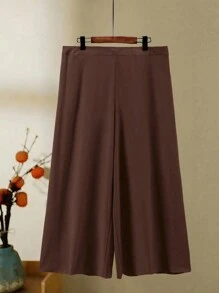 Women Plus Size Sleeveless Solid Color Vest And Pants 2 Pieces Set, Textured - Chocolate Brown - View 3