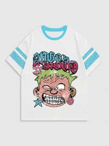 ROMWE MEN Street Life Camiseta de manga corta casual para hombres con bloqueo de color, rayas y estampado de letra de dibujos animados