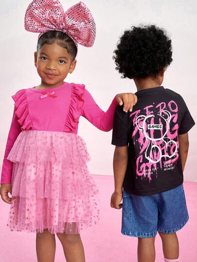 Young Girl Pink & Powder Pink Color Block Heart Mesh Layered Fit & Flare Dress With Long Sleeves, 3D Heart Bow Decor, Suitable For School, New Year, Travel And All Seasons