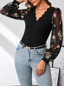 SHEIN Clasi 女士优雅花卉刺绣 V 领拼布修身长款灯笼袖衬衫'