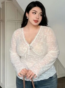 Dazy Plus Áo cánh ren mỏng cổ chữ V buộc phía trước cho nữ, Xuân/Hè - Màu be - Xem 4