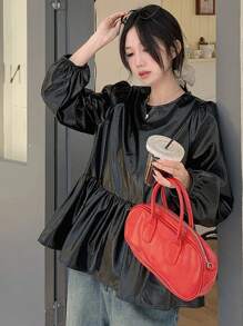 DAZY Áo cánh tay dài, rộng, màu trơn, buộc dây sau lưng bằng da PU cho nữ, quần áo mùa thu, áo dài tay - màu đen - Xem 7