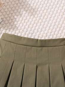 年轻女孩百搭纯色褶皱修身休闲迷你裙 - 軍綠色 - 查看 3