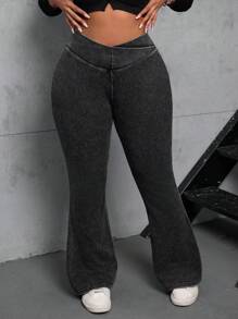 Dripcurv Plus Size Blue Denim Jeans, Casual Skinny Elastic Criss-Cross Waist Flare Leg, High Waist Leggings