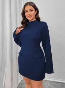 SHEIN Unity Đầm ôm sát cổ cao tay dài cỡ lớn cho nữ, màu đen thanh lịch - Màu xanh hải quân - Xem 2