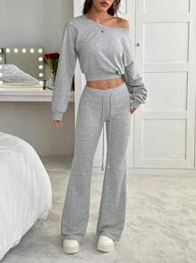 SHEIN EZwear 2pcs/Set Women Grey Asymmetrical Shoulder Sweatshirt & Flared Sweatpants - Light Grey - View 3