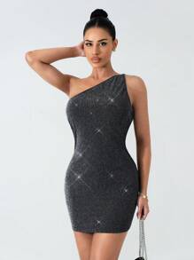 Zolique Women Pearl Embellished Draped Neck Short Shift Dress - Black - View 2