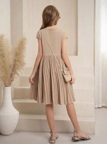 SHEIN Tween 女童无袖褶皱仿珍珠纽扣修身公主裙，优雅大方，适合婚礼、情人节、派对、花童或伴娘穿着